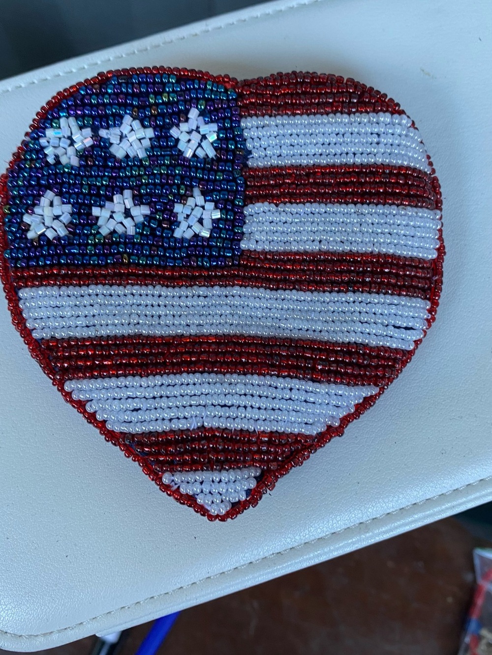 Beaded American Flag Heart Patch - Red, White & Blue